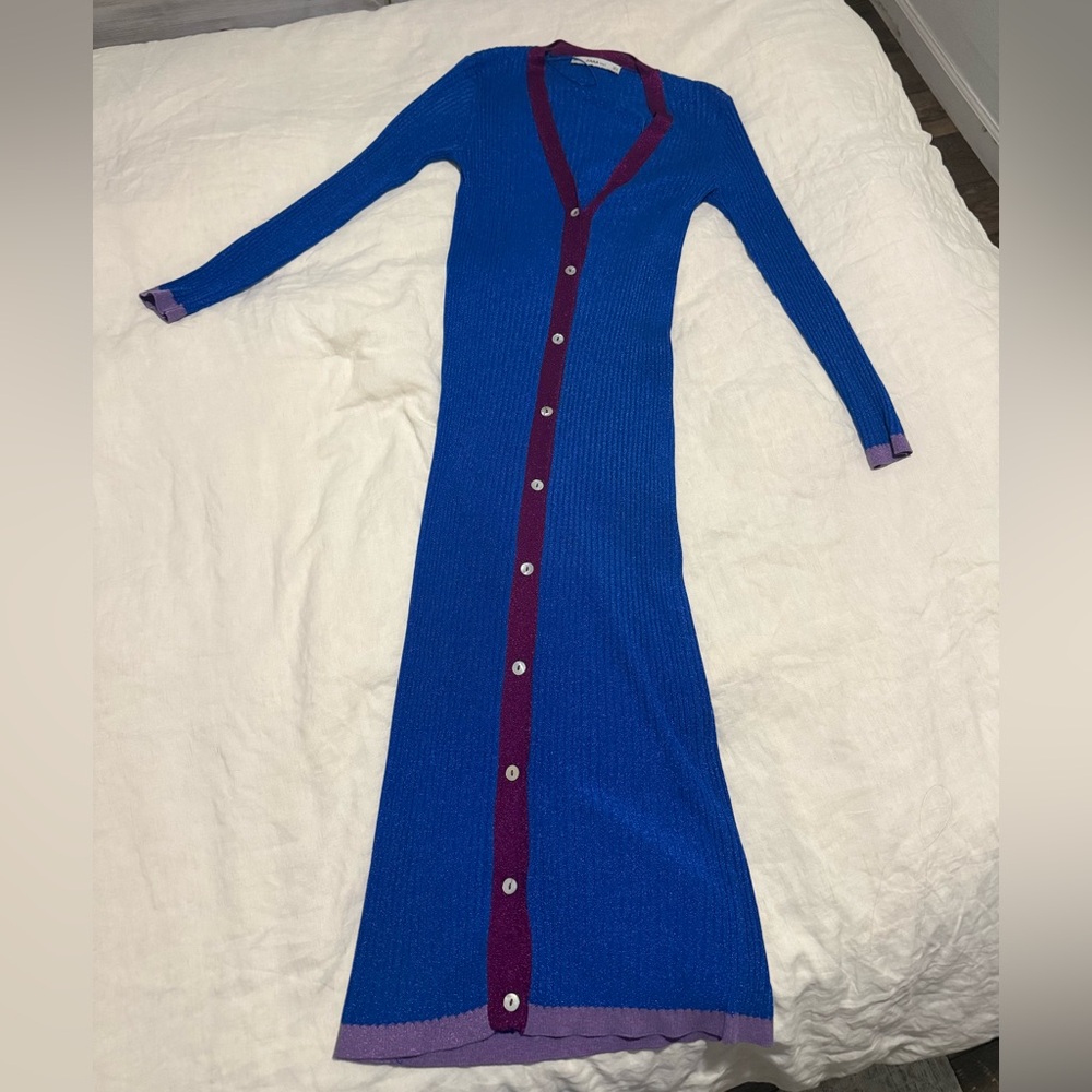 Zara Blue Long Sleeve cardigan with Purple Trim